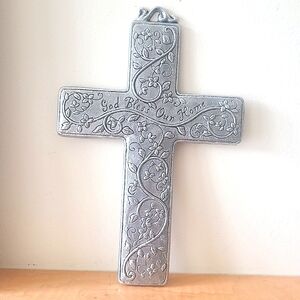 Metal Cross Wall Hanging "God Bless Our House" Inscription  Whimsy Floral